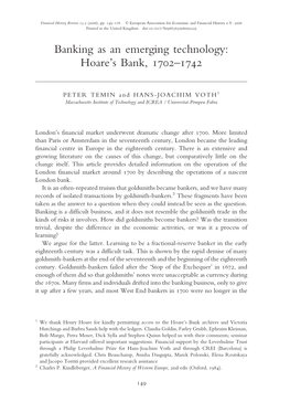 Banking As an Emerging Technology: Hoare’S Bank, 1702–1742