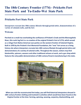 The 18Th Century Frontier (1774) - Pricketts Fort State Park and Tu-Endie-Wei State Park ------Pricketts Fort State Park