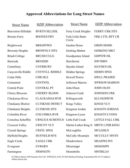 Approved Abbreviations for Long Street Names