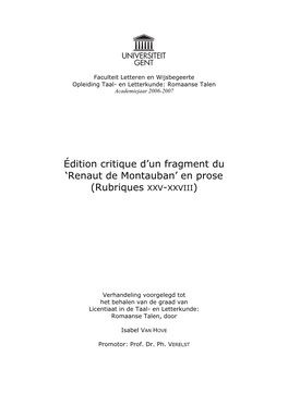 Édition Critique D'un Fragment Du 'Renaut De Montauban' En Prose (Rubriques XXV-XXVIII)