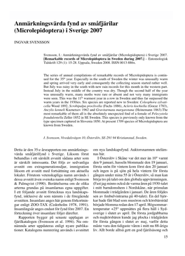 Anmärkningsvärda Fynd Av Småfjärilar I Sverige 2007 Anmärkningsvärda Fynd Av Småfjärilar (Microlepidoptera) I Sverige 2007