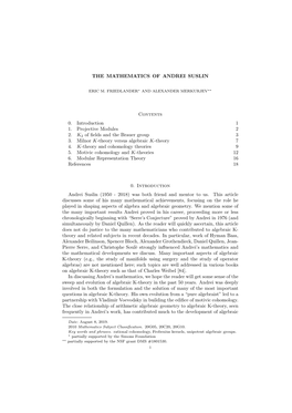 THE MATHEMATICS of ANDREI SUSLIN Contents 0. Introduction 1 1. Projective Modules 2 2. K2 of Fields and the Brauer Group 3 3. Mi