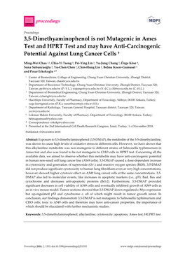 3,5-Dimethyaminophenol Is Not Mutagenic in Ames Test and HPRT Test and May Have Anti-Carcinogenic Potential Against Lung Cancer Cells †