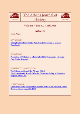 The Athens Journal of History ISSN NUMBER: 2407-9677 - DOI: 10.30958/Ajhis Volume 7, Issue 2, April 2021 Download the Entire Issue (PDF)