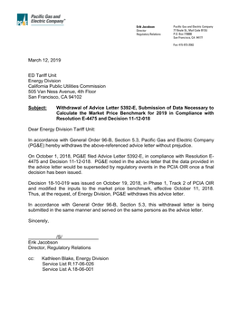 March 12, 2019 ED Tariff Unit Energy Division California Public Utilities