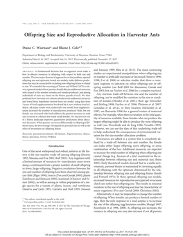 Offspring Size and Reproductive Allocation in Harvester Ants