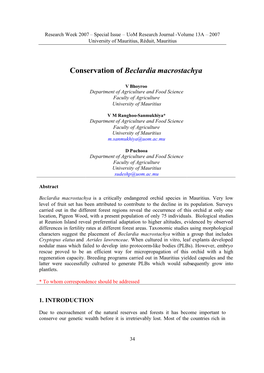 Conservation of Beclardia Macrostachya