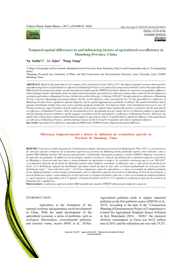 Temporal-Spatial Differences in and Influencing Factors of Agricultural Eco-Efficiency in Shandong Province, China Xu Yanlin1 Li Zijun1* Wang Liang2