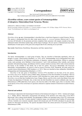 Electribius Relictus, a New Extant Species of Artematopodidae (Coleoptera: Elateroidea) from Veracruz, Mexico