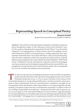 Representing Speech in Conceptual Poetry Marjorie Perloff Stanford University and University of Southern California