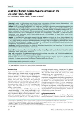 Control of Human African Trypanosomiasis in the Quic¸Ama Focus, Angola Jose´ Antonio Ruiz,1 Pere P