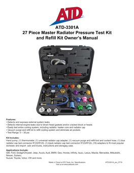 ATD-3301A 27 Piece Master Radiator Pressure Test Kit and Refill Kit Owner’S Manual