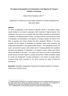 The Impact of Deregulation and Liberalization in the Nigerian Air Transport Industry: an Overview