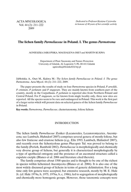 The Lichen Family Parmeliaceae in Poland. I. the Genus Parmotrema