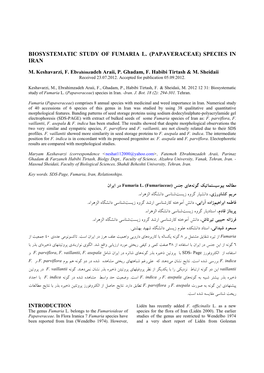 Biosystematic Study of Fumaria L. (Papaveraceae) Species in Iran