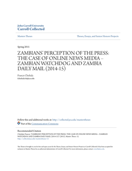 ZAMBIAN WATCHDOG and ZAMBIA DAILY MAIL (2014-15) Francis Chishala Fchishala16@Jcu.Edu