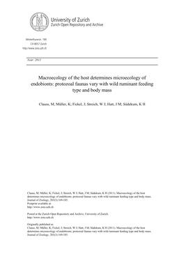 Macroecology of the Host Determines Microecology of Endobionts: Protozoal Faunas Vary with Wild Ruminant Feeding Type and Body Mass