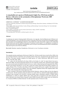 A Remarkable New Species of Mythomantis Giglio-Tos, 1916 from Northern Borneo, with Notes on the Systematics of Deroplatyinae Westwood, 1889 (Mantodea: Mantidae)