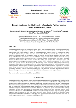 Recent Studies on the Biodiversity of Snakes in Palghar Region, Thane, Maharashtra, India