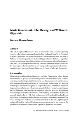 Maria Montessori, John Dewey, and William H. Kilpatrick