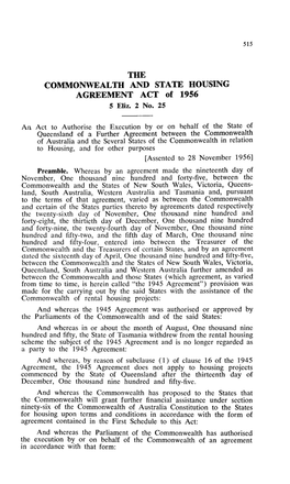 THE COMMONWEALTH and STATE HOUSING AGREEMENT ACT of 1956 5 Eliz