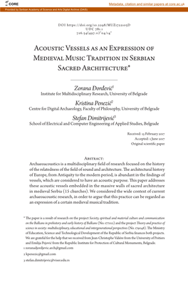 Acoustic Vessels As an Expression of Medieval Music Tradition in Serbian Sacred Architecture*