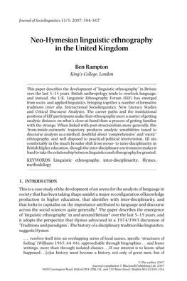 Neo-Hymesian Linguistic Ethnography in the United Kingdom