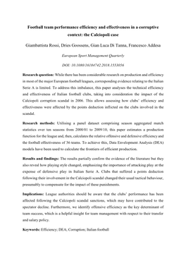 Football Team Performance Efficiency and Effectiveness in a Corruptive Context: the Calciopoli Case Giambattista Rossi, Dries Go