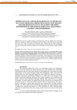 Presenting Seven New Species for the Romanian Fauna Including the First Description of the Female Harpactea Alexandrae Lazarov, 2006 (Dysderidae)