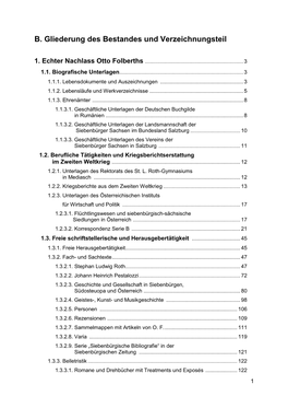 B. Gliederung Des Bestandes Und Verzeichnungsteil