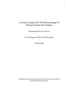 A Critical Analysis of the Pneumatology of Thomas Erskine of Linlathen