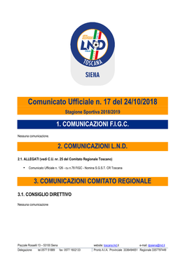 Comunicato Ufficiale N. 17 Del 24/10/2018