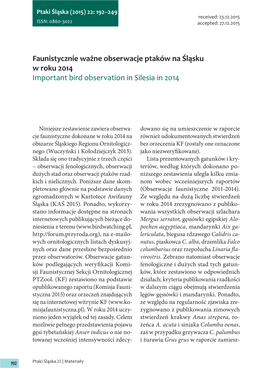 Faunistycznie Ważne Obserwacje Ptaków Na Śląsku W Roku 2014 Important Bird Observation in Silesia in 2014