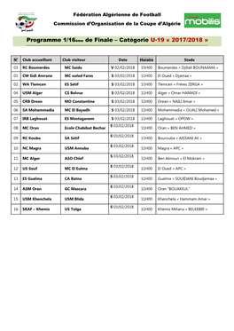 Programme 1/16Ème De Finale – Catégorie U-19 « 2017/2018 »