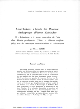Contributions À L'étude Des Phasiinae Cimicophages (Diptera Tachinidae)