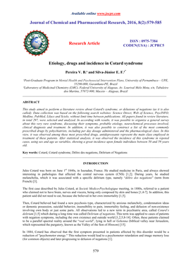 Etiology, Drugs and Incidence in Cotard Syndrome