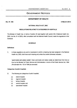 National Health Act: Regulations: Categories of Hospitals