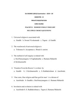 1. Universal Religion Is Associated with A. Gandhi B. Swami Vivekananda C