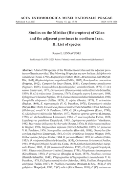 Studies on the Miridae (Heteroptera) of Gilan and the Adjacent Provinces in Northern Iran