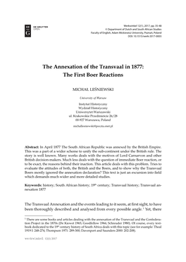 The Annexation of the Transvaal in 1877: the First Boer Reactions