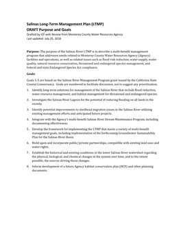 Salinas Long-Term Management Plan (LTMP) DRAFT Purpose and Goals Drafted by ICF with Review from Monterey County Water Resources Agency Last Updated: July 25, 2018