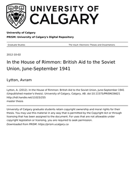 In the House of Rimmon: British Aid to the Soviet Union, June-September 1941