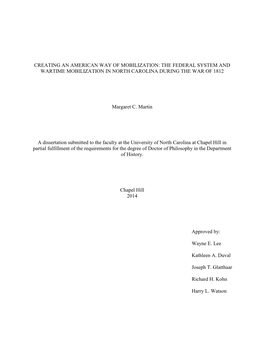 Creating an American Way of Mobilization: the Federal System and Wartime Mobilization in North Carolina During the War of 1812