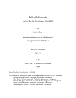 La Identidad Imaginada En Seis Novelas Colombianas 2000-‐2010