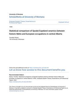 Statistical Comparison of Spode/Copeland Ceramics Between Historic Metis and European Occupations in Central Alberta