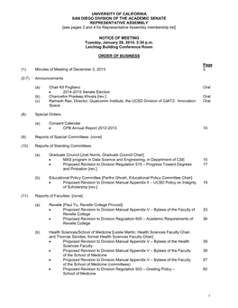 UNIVERSITY of CALIFORNIA SAN DIEGO DIVISION of the ACADEMIC SENATE REPRESENTATIVE ASSEMBLY [See Pages 3 and 4 for Representative Assembly Membership List]