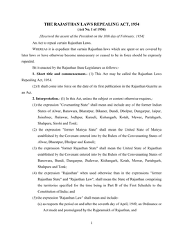 THE RAJASTHAN LAWS REPEALING ACT, 1954 (Act No