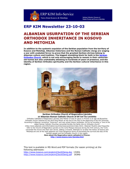 ERP KIM Newsletter 23-10-03 ALBANIAN USURPATION of the SERBIAN ORTHODOX INHERITANCE in KOSOVO and METOHIJA