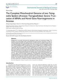 The Complete Mitochondrial Genome of Two Tetrag- Natha Spiders (Araneae: Tetragnathidae): Severe Trun- Cation of Trnas and Novel