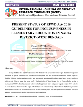 PRESENT STATUS of RPWD Act- 2016 GUIDELINES for INCLUSIVENESS in ELEMENTARY EDUCATION in NADIA DISTRICT (WEST BENGAL)